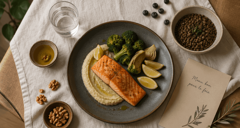 menu bon pour le foie, assiette saumon artichaut brocolis