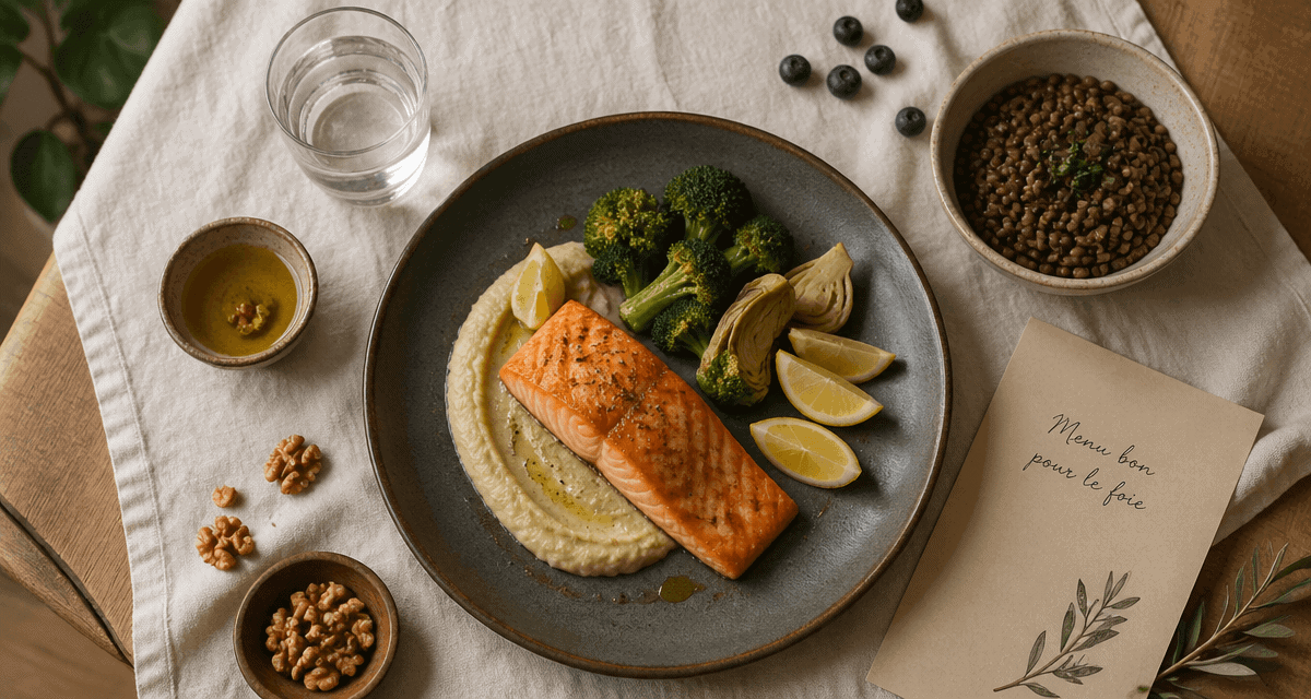 menu bon pour le foie, assiette saumon artichaut brocolis