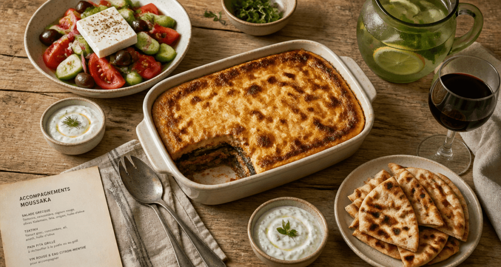 accompagnement moussaka salade grecque et pita