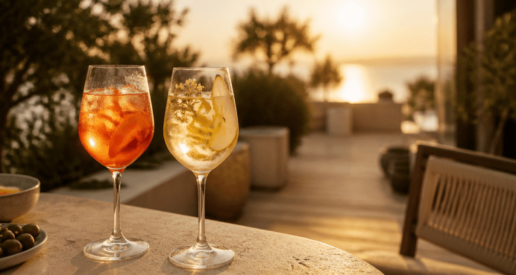 aperol st germain spritz sur terrasse coucher de soleil