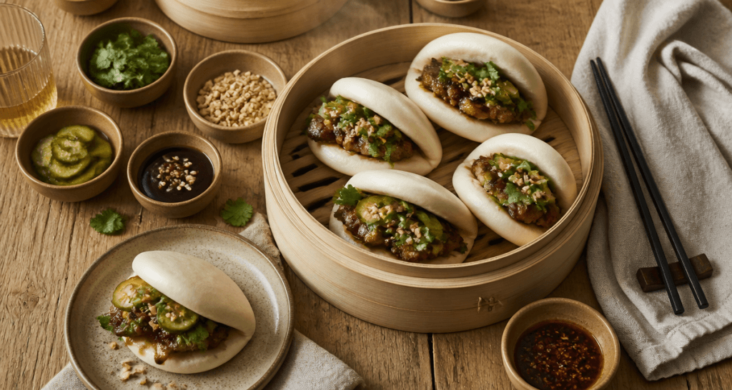 Bao bun maison garni porc caramélisé et pickles