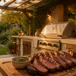 Barbecue cuisine extérieure inox sous pergola bois