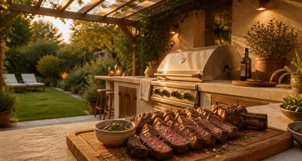 Barbecue cuisine extérieure inox sous pergola bois