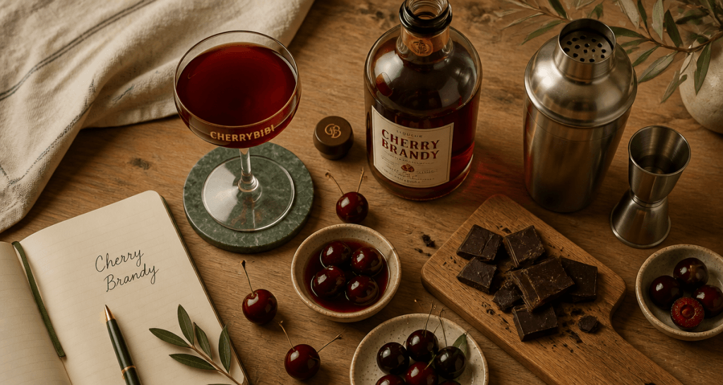 Cherry brandy liqueur sur table avec cerises et chocolat