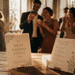 Défi photo mariage cartes sur table invités