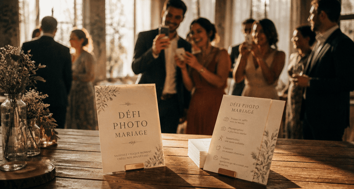 Défi photo mariage cartes sur table invités