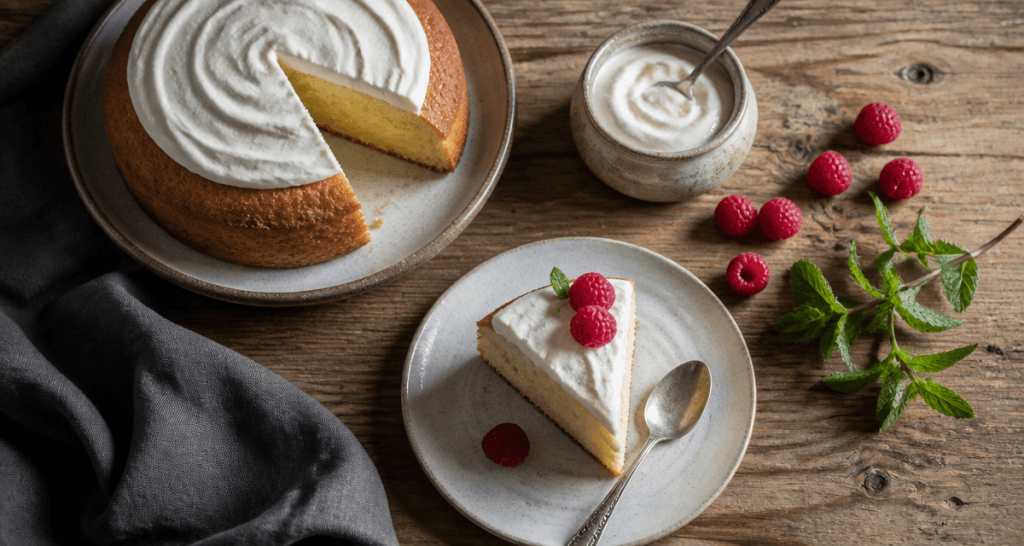 dessert crème fraîche rapide gâteau moelleux part framboises