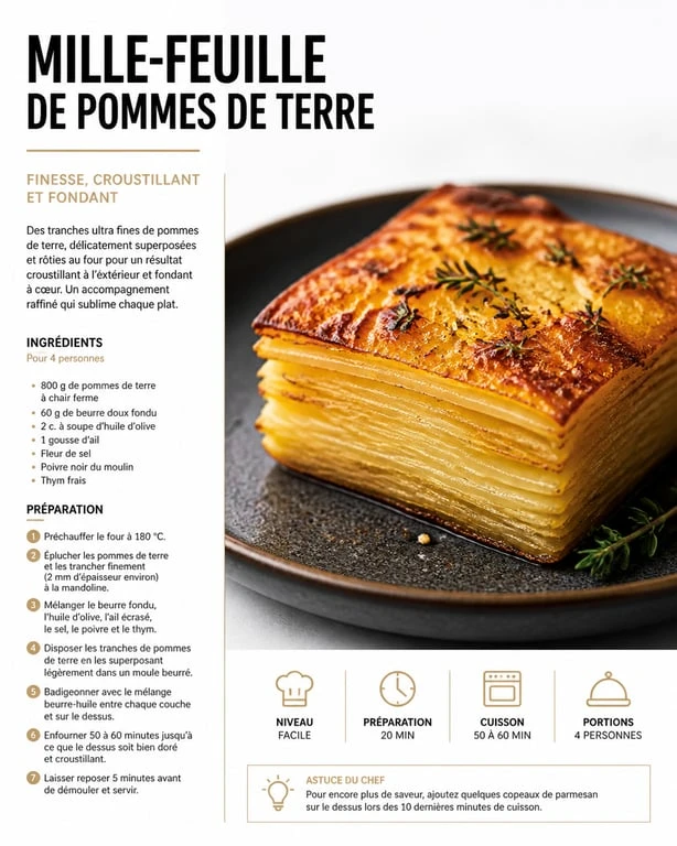 Mille-feuille de pommes de terre croustillant et fondant, recette gastronomique