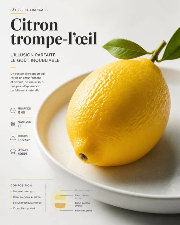 Dessert trompe l'œil en forme de citron sur une assiette