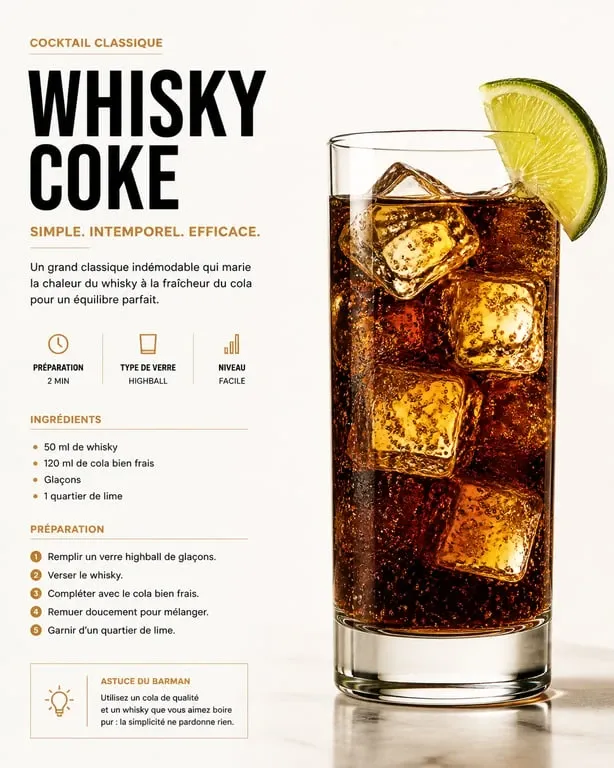 Verre de whisky coca avec glaçons et citron