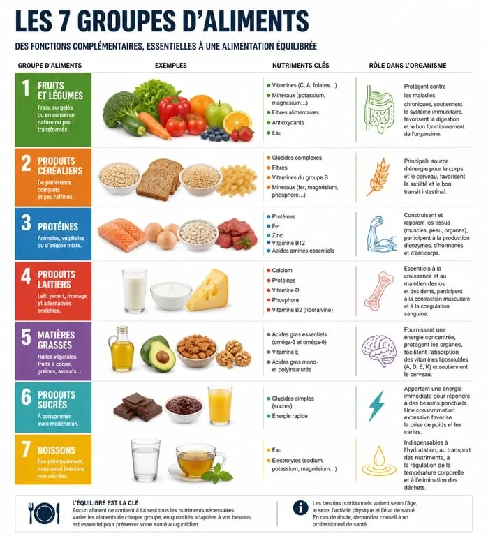 Infographie des 7 groupes d'aliments et leurs apports nutritionnels