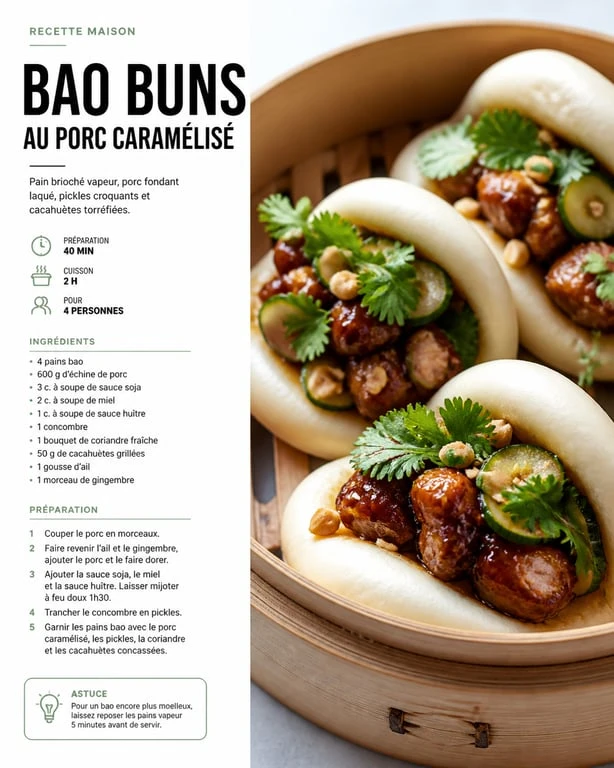 Bao buns maison garnis de porc caramélisé et pickles, servis dans un panier vapeur en bambou