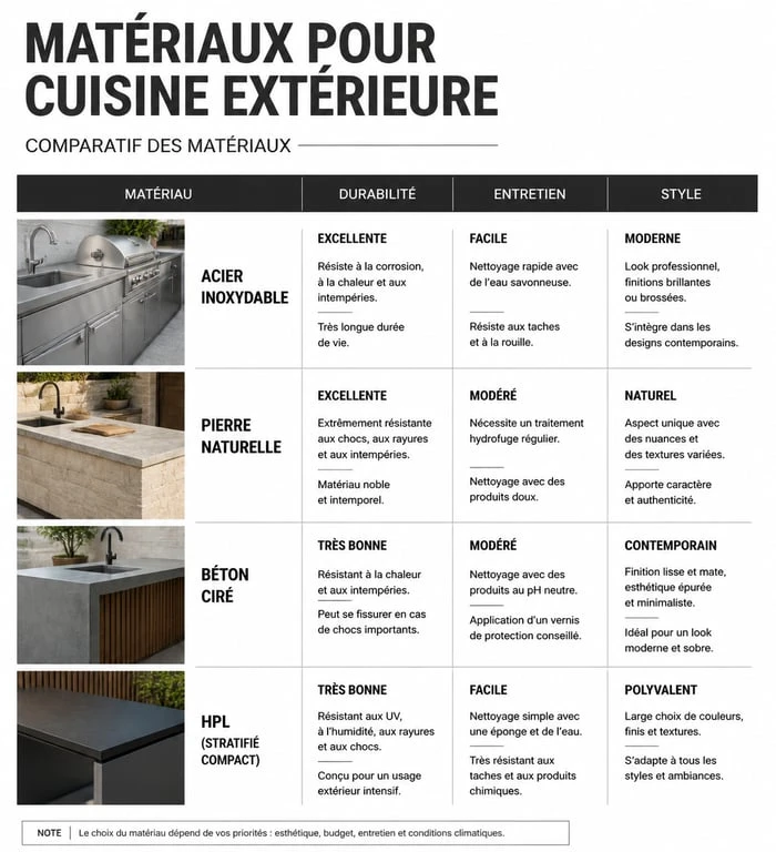 Comparatif des matériaux pour cuisine extérieure : Inox, Pierre, Béton et HPL