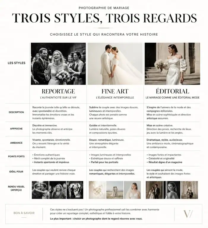 Infographie comparative des styles de photographie de mariage : reportage, fine art et éditorial