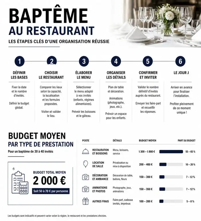 Infographie récapitulative pour l'organisation d'un baptême au restaurant et estimation budgétaire