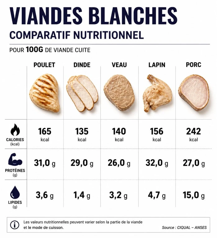 Infographie comparative des valeurs nutritionnelles des viandes blanches pour un régime minceur
