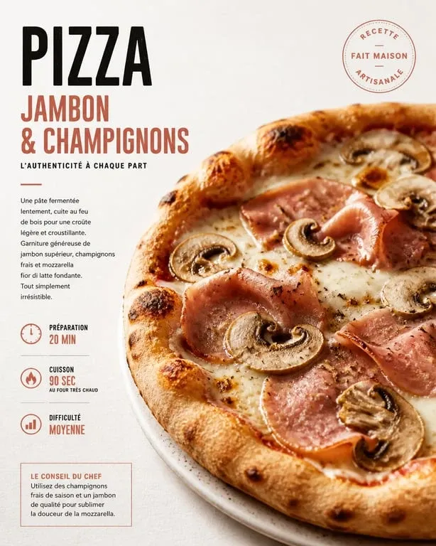 Pizza artisanale façon Pizza des Brosses avec mozzarella fior di latte et champignons frais