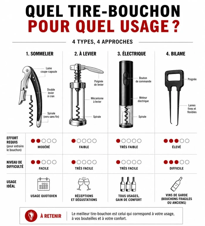 Infographie comparative des différents types de tire-bouchons pour choisir le meilleur modèle selon vos besoins