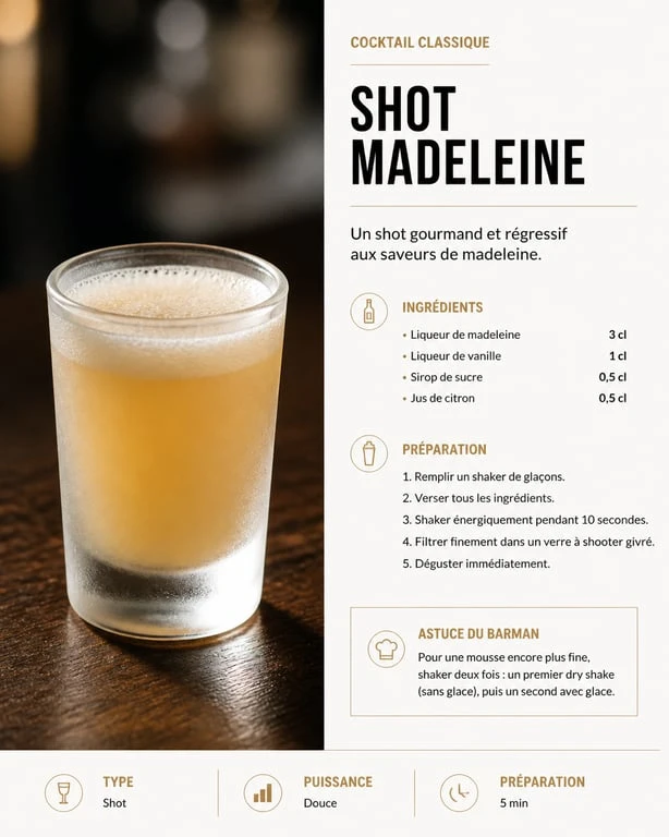 Shot madeleine dans un verre à shooter givré avec sa mousse onctueuse