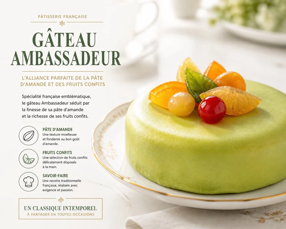Gâteau Ambassadeur traditionnel avec sa couverture en pâte d'amande verte et ses fruits confits