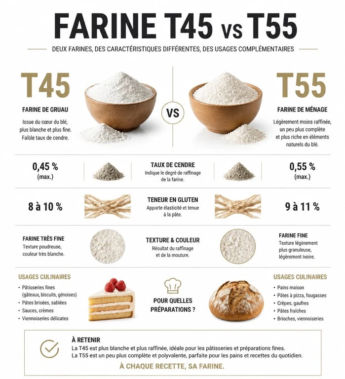 Comparatif technique farine T45 et T55 : taux de cendre et usages en pâtisserie