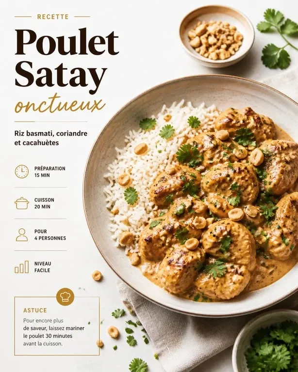 Recette au beurre de cacahuète : Poulet Satay onctueux servi avec riz et coriandre