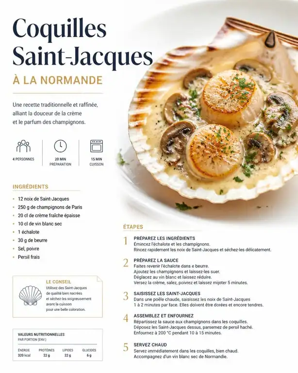 Coquilles Saint-Jacques à la normande dressées dans une coquille avec sauce crémeuse