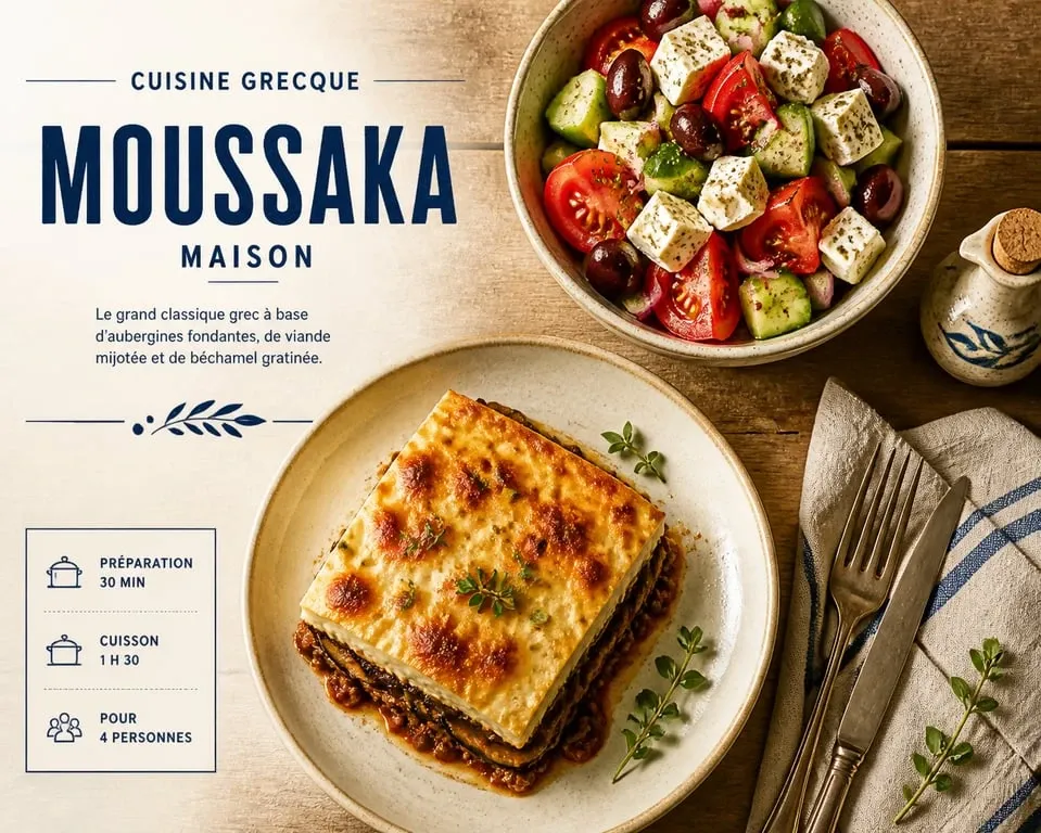Moussaka traditionnelle et salade grecque comme accompagnement