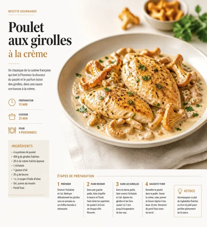 Poulet aux girolles à la crème et vin blanc dans une assiette élégante