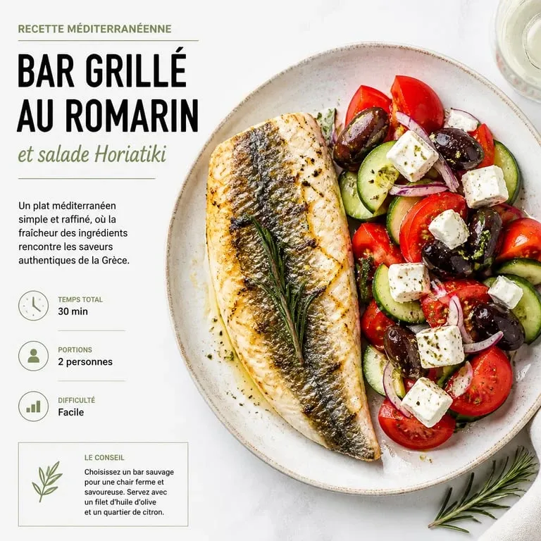 Bar grillé au romarin et salade Horiatiki, plat emblématique du régime méditerranéen