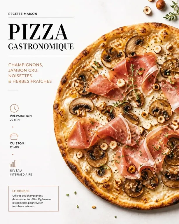 Pizza maison garnie avec champignons, jambon et noisettes pour une idée de garniture pizza originale