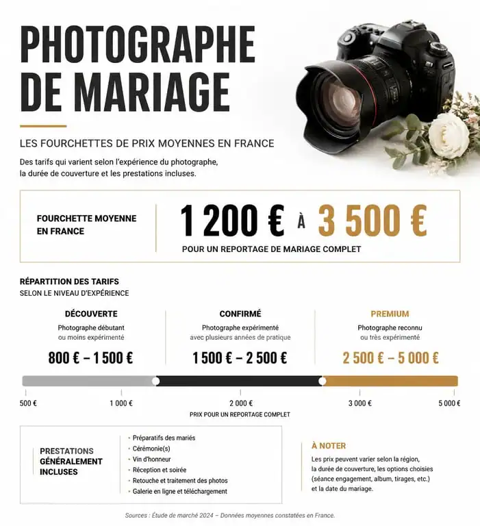 Infographie des tarifs moyens d'un photographe de mariage en France selon la prestation