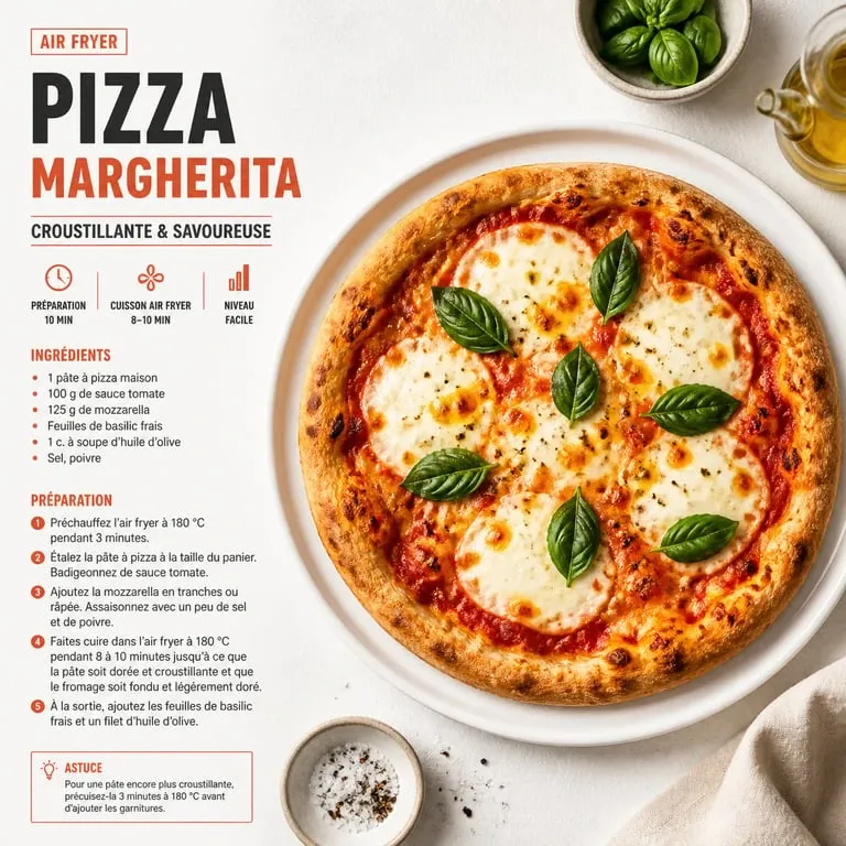 Pizza Margherita croustillante cuite dans un air fryer