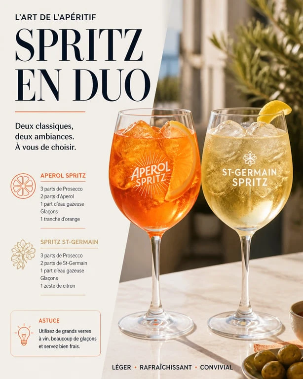 Comparaison visuelle entre un Aperol Spritz orange et un Spritz St-Germain doré pour un apéritif.