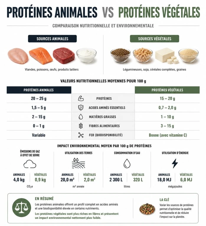 Infographie comparative des sources de protéines animales et végétales pour un repas riche en protéines