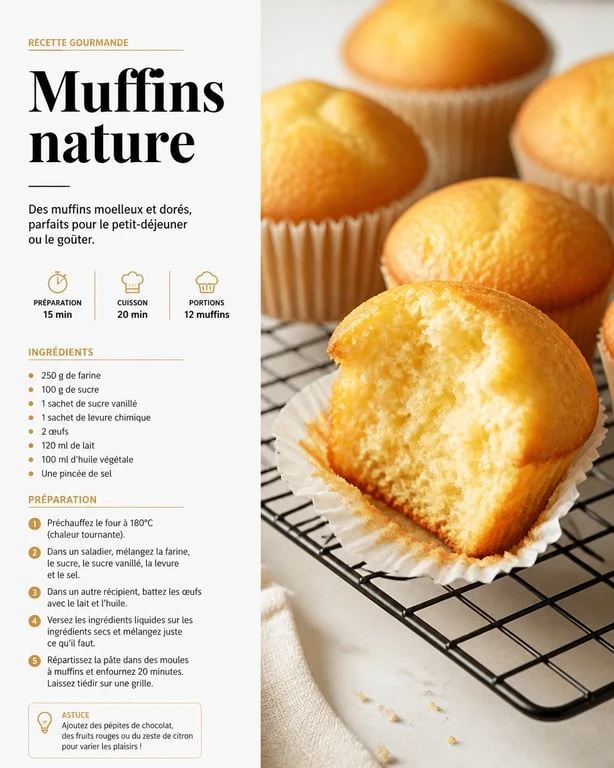 Recette pour muffins nature dorés et moelleux sur une grille