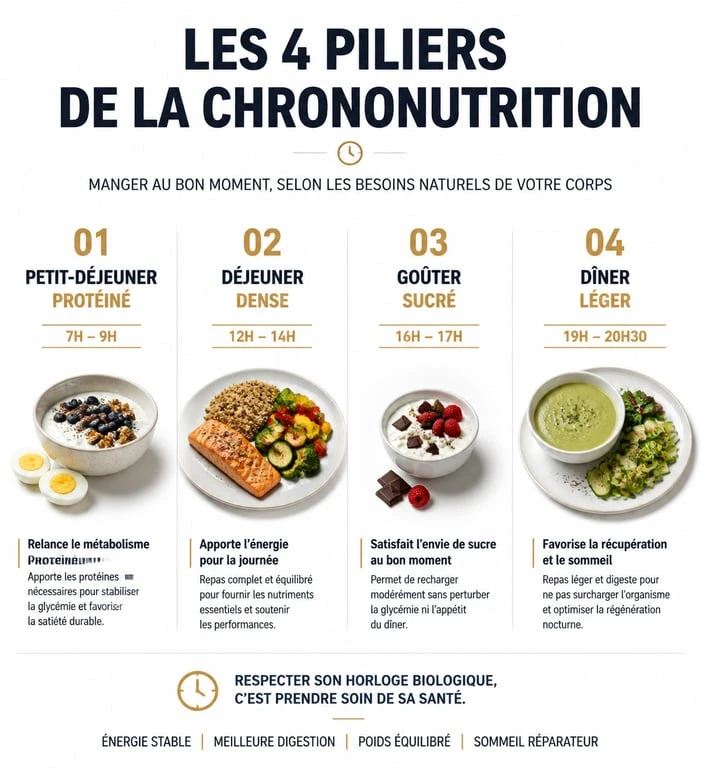 Infographie des 4 piliers de la chrononutrition pour des exemples de menus équilibrés