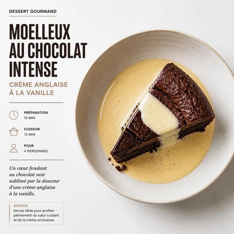 Part de gâteau au chocolat nappée de crème anglaise pour accompagner un dessert