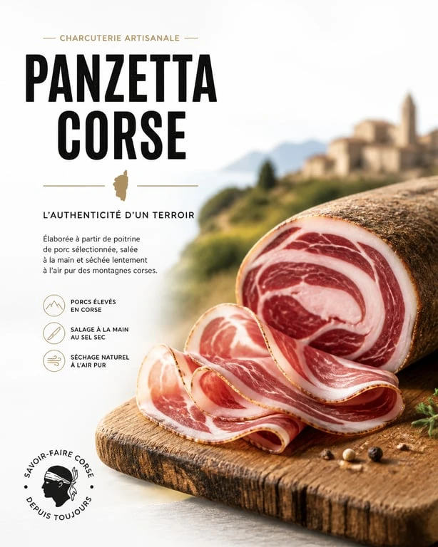 Panzetta corse tranchée sur une planche en bois, produit authentique de charcuterie artisanale