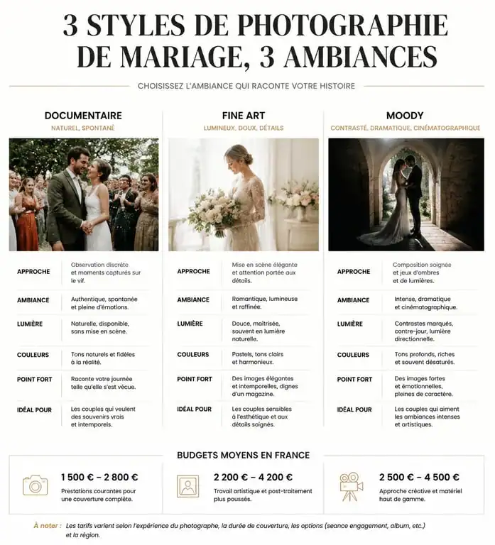 Comparatif des styles de photographe pro mariage et budget moyen