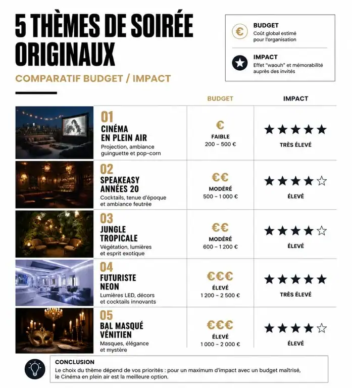 Infographie comparatif des thèmes de soirée originaux avec budget et impact pour réussir son événement
