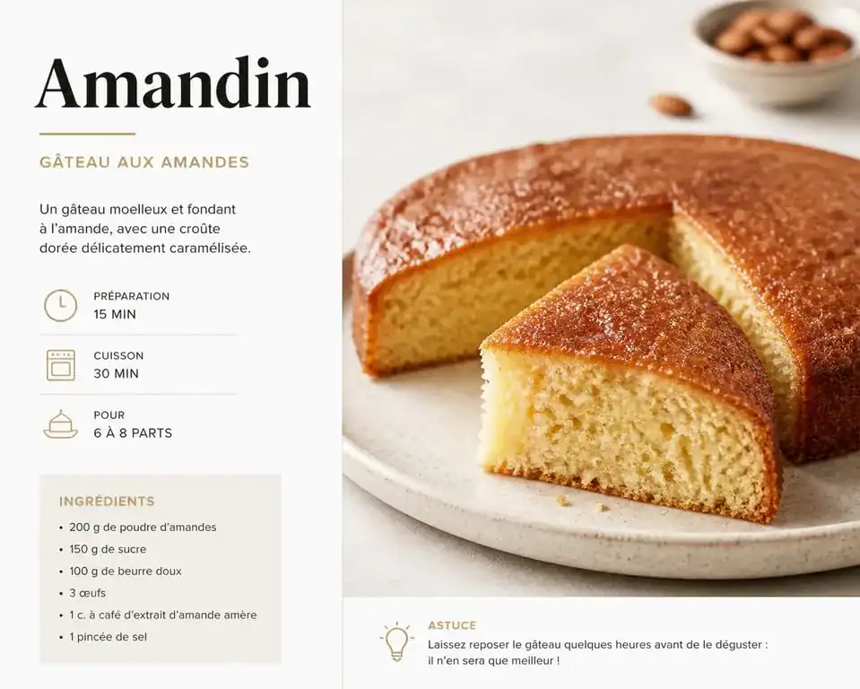 Recette amandin traditionnel, gâteau aux amandes moelleux sur assiette