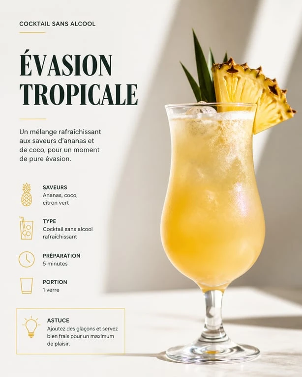 Cocktail sans alcool préparé avec du sirop de rhum pour une expérience mixologie raffinée