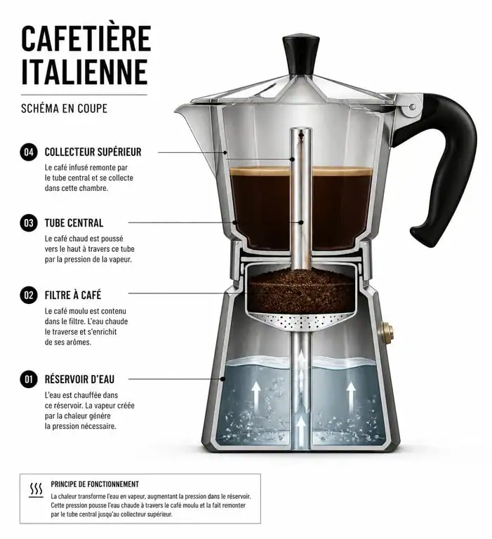 Schéma technique du fonctionnement d'une cafetière italienne Moka