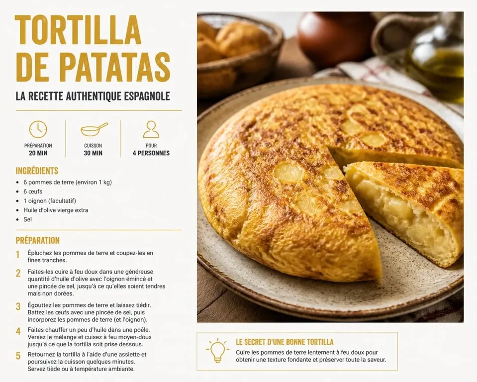 Recette en espagnol tortilla de patatas authentique servie sur une assiette