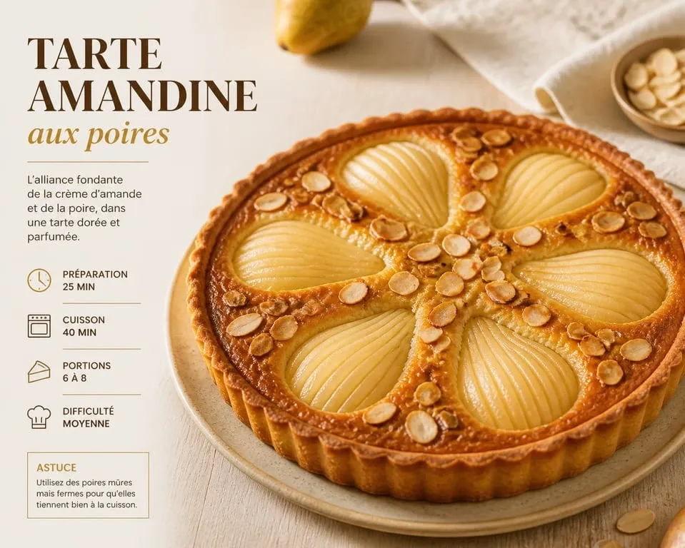 Tarte amandine aux poires réalisée avec une pâte brisée croustillante et dorée