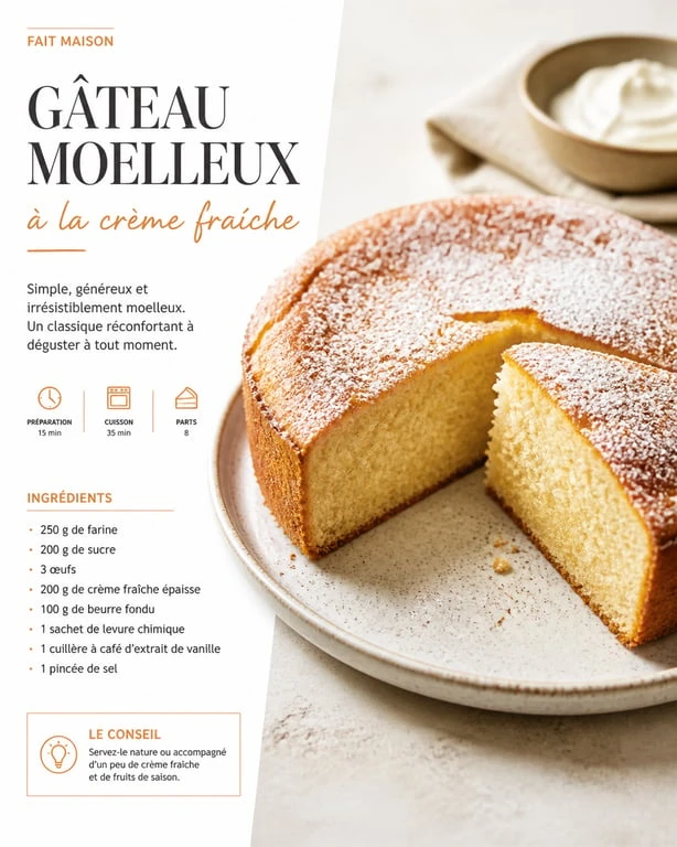 Gâteau moelleux à la crème fraîche rapide et gourmand