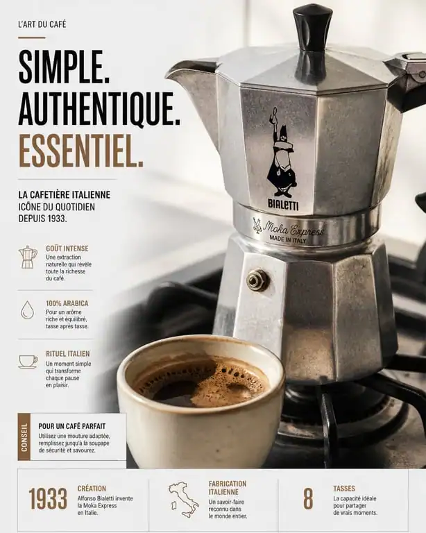 Café préparé avec une cafetière italienne Moka pour un résultat optimal