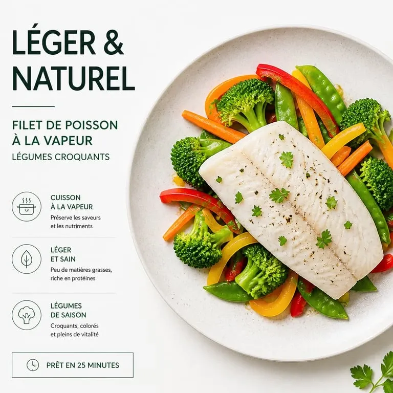 Menu semaine sans graisse : assiette de poisson vapeur et légumes frais pour une alimentation saine.