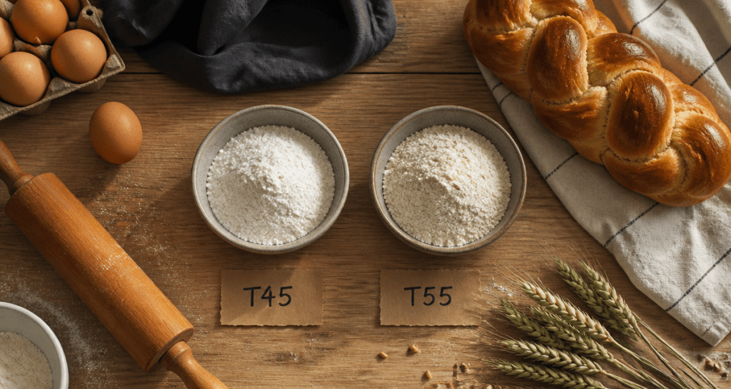 farine t45 ou t55 sur plan de travail
